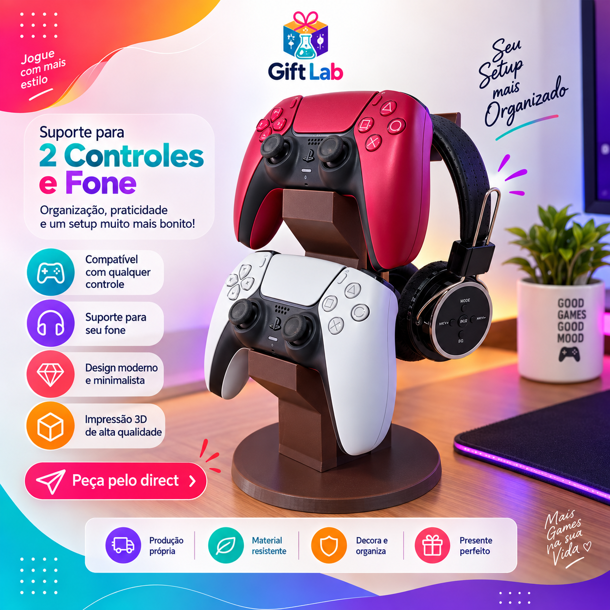 Suporte para 2 controles mais 1 fone